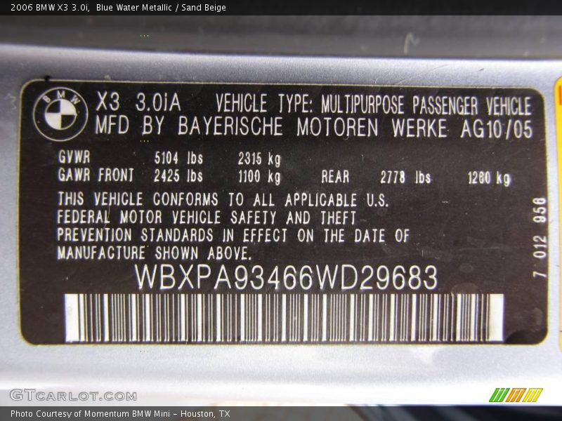 Blue Water Metallic / Sand Beige 2006 BMW X3 3.0i