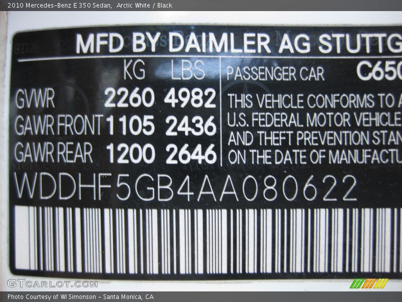 Arctic White / Black 2010 Mercedes-Benz E 350 Sedan