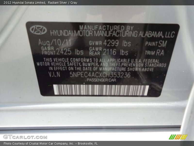 Radiant Silver / Gray 2012 Hyundai Sonata Limited