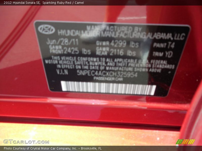 Sparkling Ruby Red / Camel 2012 Hyundai Sonata SE