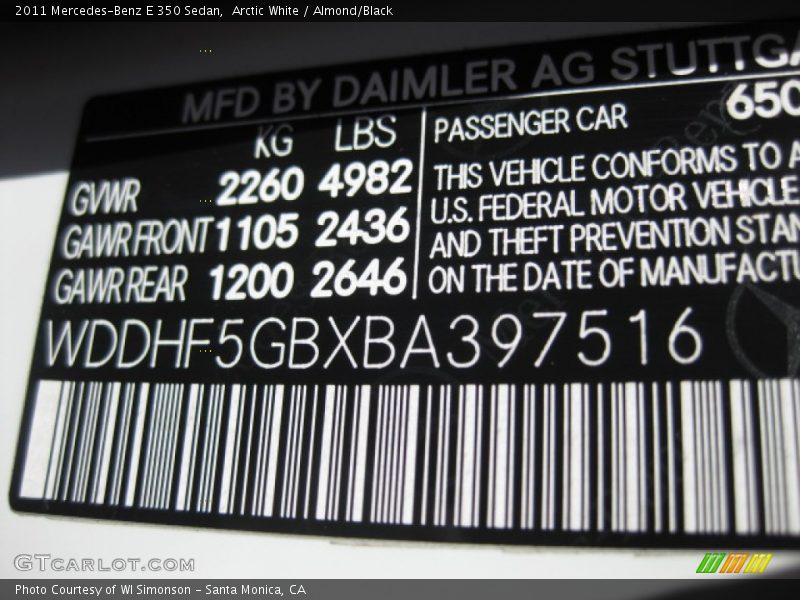 Arctic White / Almond/Black 2011 Mercedes-Benz E 350 Sedan