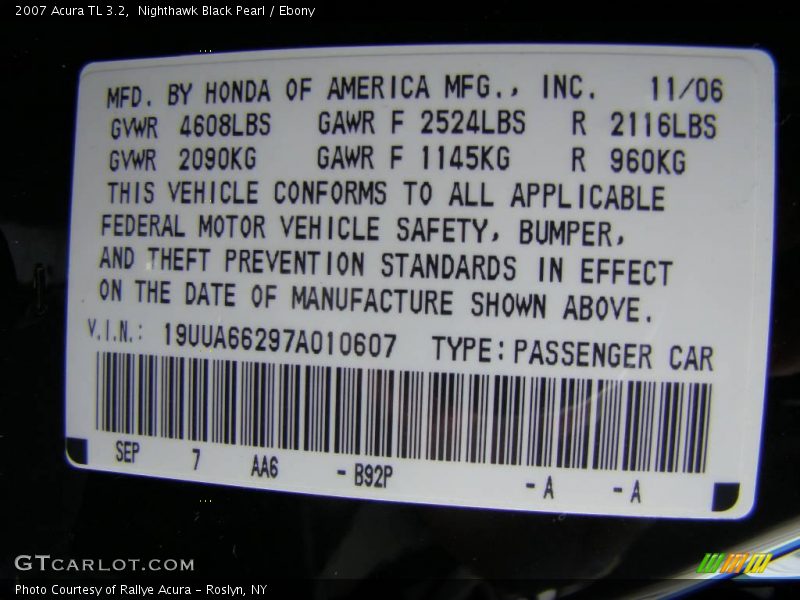 Nighthawk Black Pearl / Ebony 2007 Acura TL 3.2