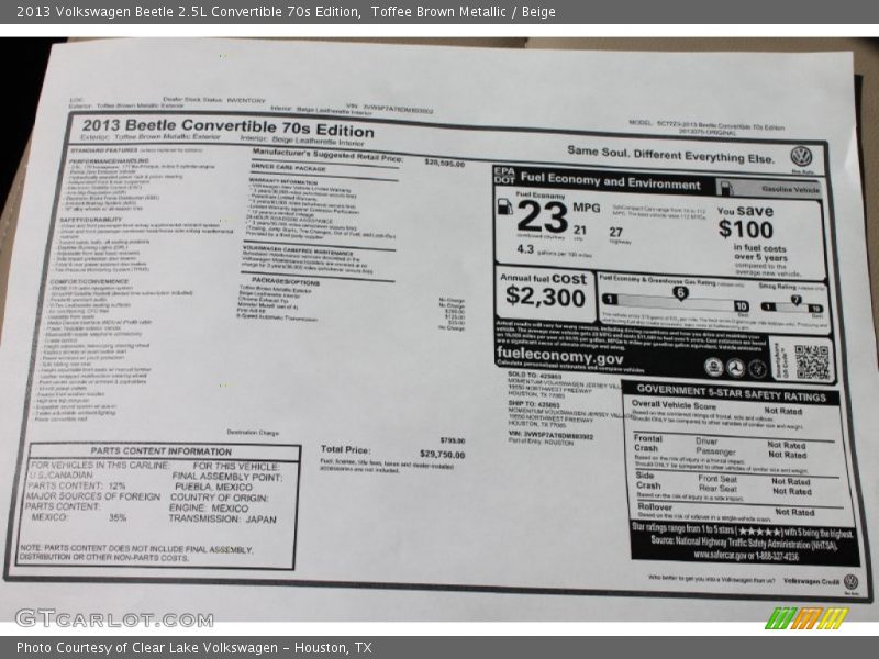  2013 Beetle 2.5L Convertible 70s Edition Window Sticker