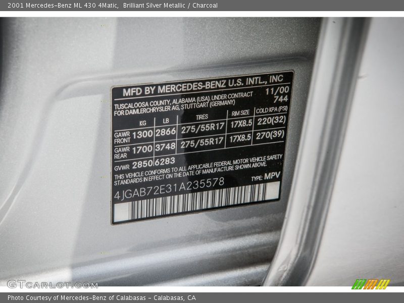 Brilliant Silver Metallic / Charcoal 2001 Mercedes-Benz ML 430 4Matic