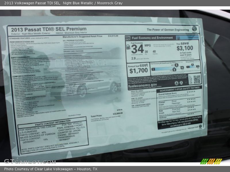 Night Blue Metallic / Moonrock Gray 2013 Volkswagen Passat TDI SEL