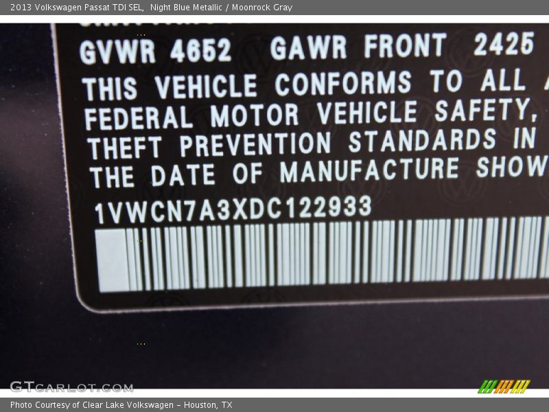 Night Blue Metallic / Moonrock Gray 2013 Volkswagen Passat TDI SEL