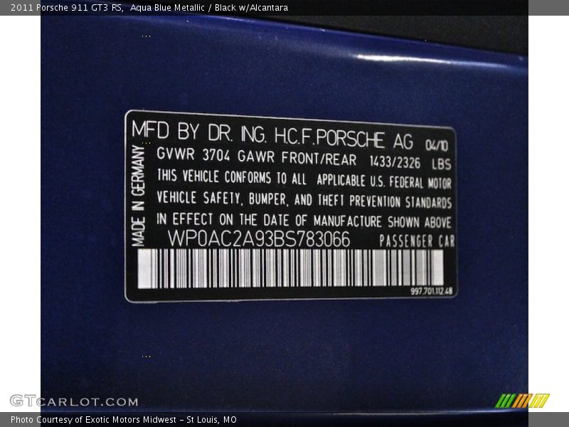 Aqua Blue Metallic / Black w/Alcantara 2011 Porsche 911 GT3 RS