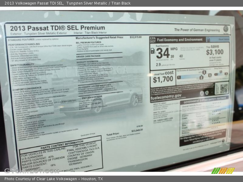 Tungsten Silver Metallic / Titan Black 2013 Volkswagen Passat TDI SEL