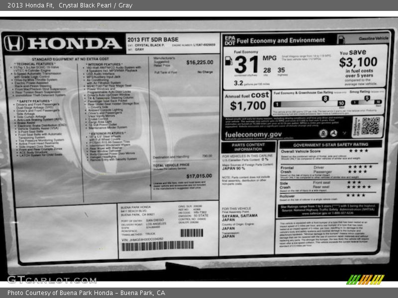 Crystal Black Pearl / Gray 2013 Honda Fit