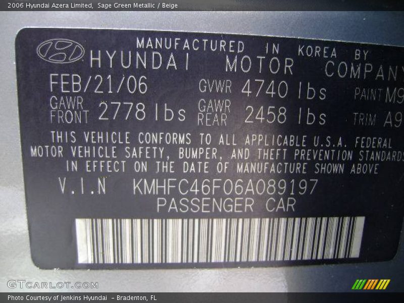 Sage Green Metallic / Beige 2006 Hyundai Azera Limited