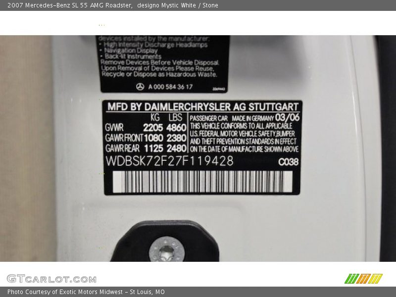 2007 SL 55 AMG Roadster designo Mystic White Color Code 038