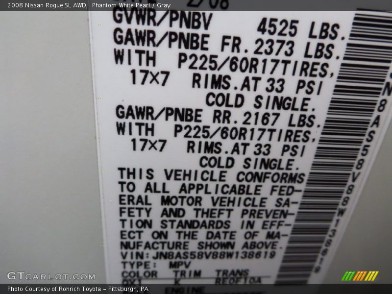 Phantom White Pearl / Gray 2008 Nissan Rogue SL AWD