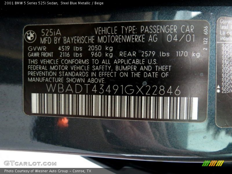Steel Blue Metallic / Beige 2001 BMW 5 Series 525i Sedan