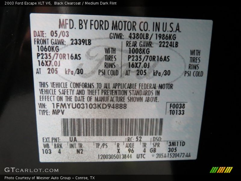 2003 Escape XLT V6 Black Clearcoat Color Code UA