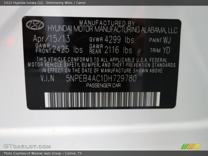 Shimmering White / Camel 2013 Hyundai Sonata GLS