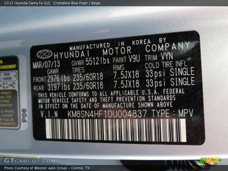 Crystalline Blue Pearl / Beige 2013 Hyundai Santa Fe GLS