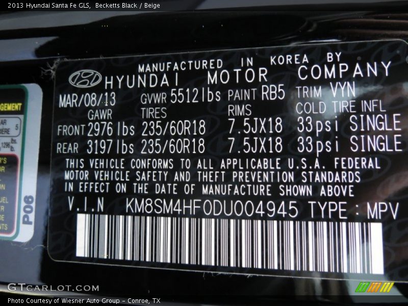 Becketts Black / Beige 2013 Hyundai Santa Fe GLS