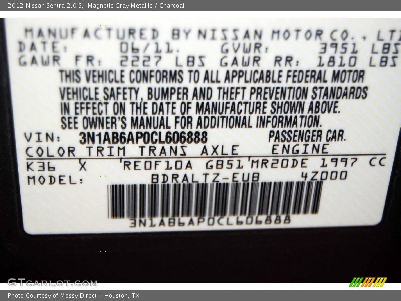Magnetic Gray Metallic / Charcoal 2012 Nissan Sentra 2.0 S