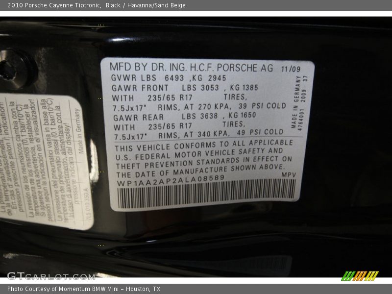 Black / Havanna/Sand Beige 2010 Porsche Cayenne Tiptronic