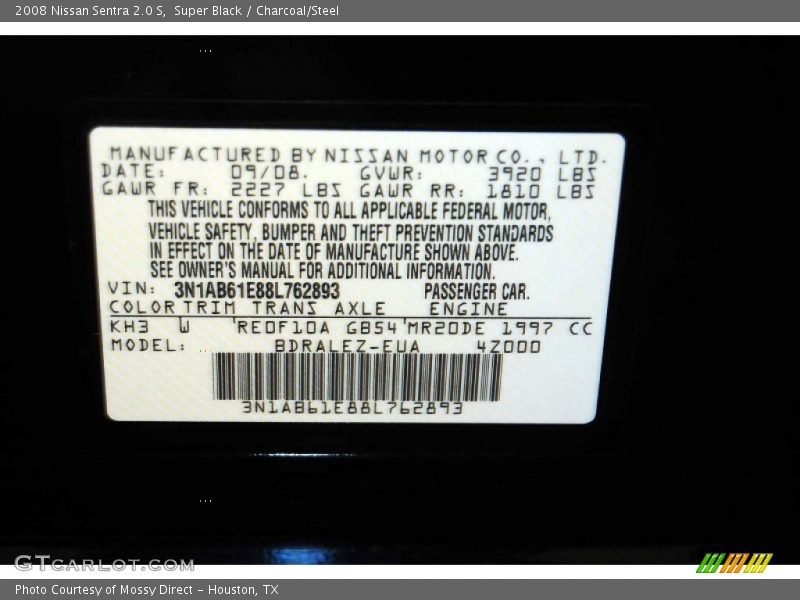 Super Black / Charcoal/Steel 2008 Nissan Sentra 2.0 S