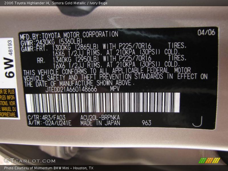 Sonora Gold Metallic / Ivory Beige 2006 Toyota Highlander I4