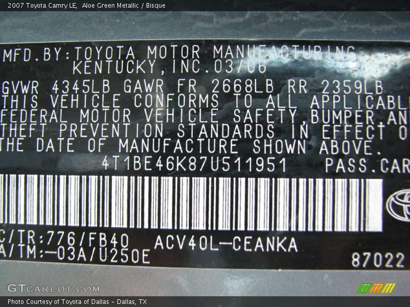 Aloe Green Metallic / Bisque 2007 Toyota Camry LE