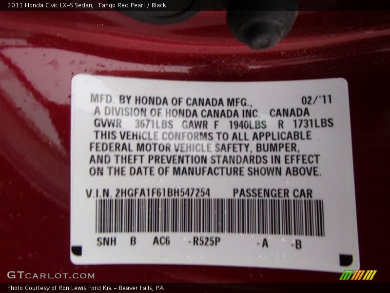 Tango Red Pearl / Black 2011 Honda Civic LX-S Sedan