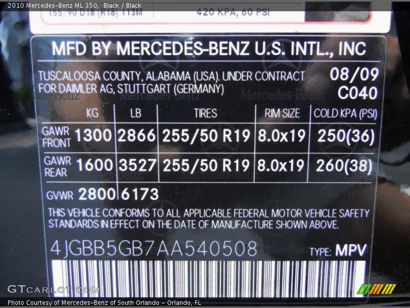 Black / Black 2010 Mercedes-Benz ML 350
