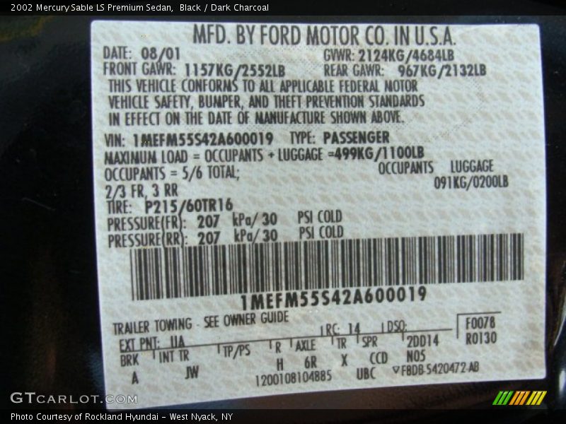 2002 Sable LS Premium Sedan Black Color Code UA
