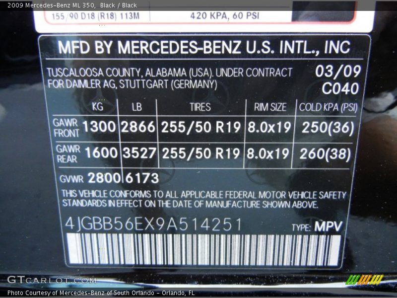 Black / Black 2009 Mercedes-Benz ML 350