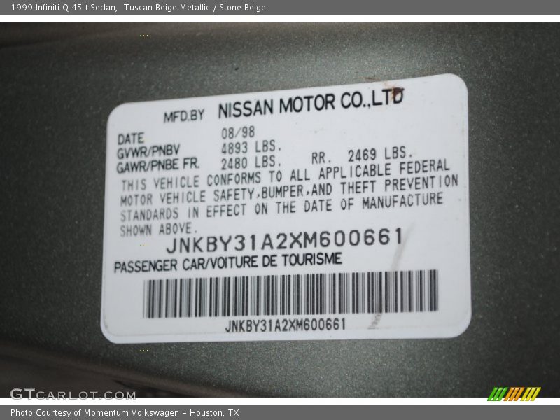 Tuscan Beige Metallic / Stone Beige 1999 Infiniti Q 45 t Sedan