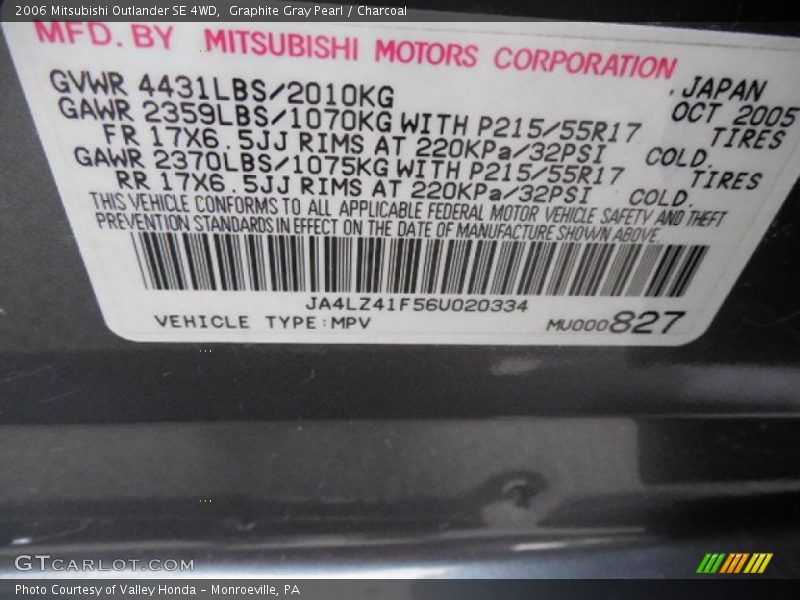 Graphite Gray Pearl / Charcoal 2006 Mitsubishi Outlander SE 4WD