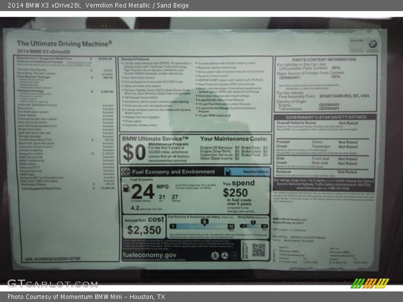  2014 X3 xDrive28i Window Sticker