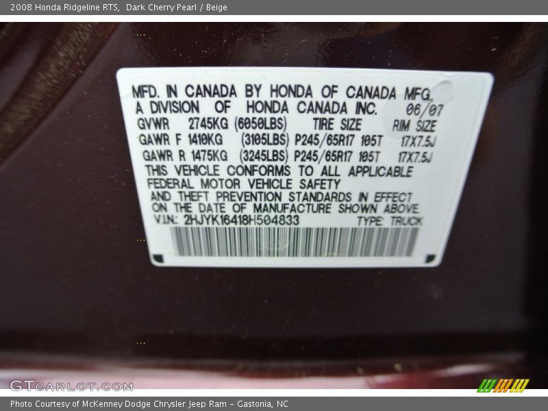 Dark Cherry Pearl / Beige 2008 Honda Ridgeline RTS