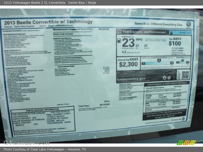 Denim Blue / Beige 2013 Volkswagen Beetle 2.5L Convertible