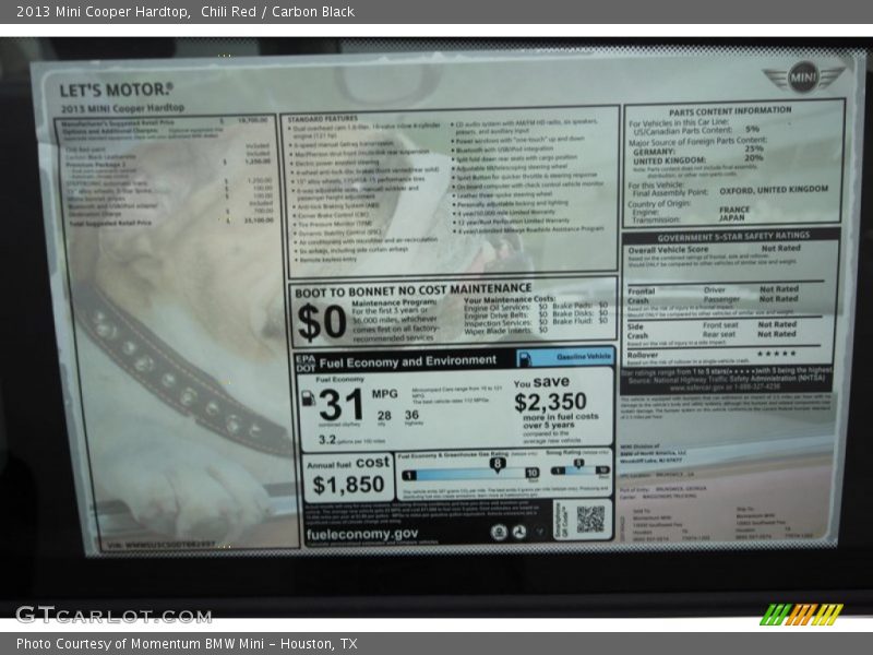 Chili Red / Carbon Black 2013 Mini Cooper Hardtop