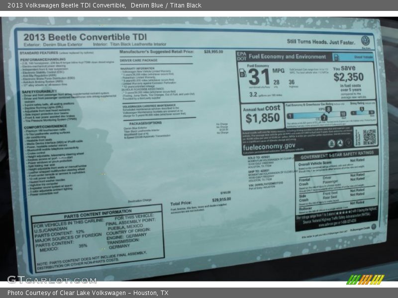  2013 Beetle TDI Convertible Window Sticker