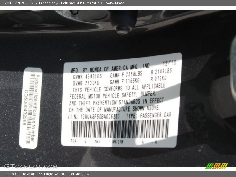 Polished Metal Metallic / Ebony Black 2011 Acura TL 3.5 Technology