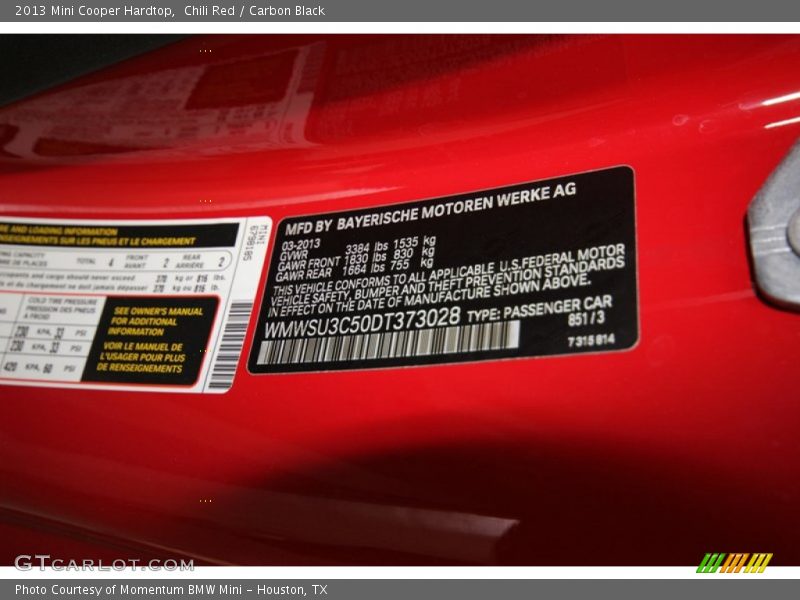 Chili Red / Carbon Black 2013 Mini Cooper Hardtop