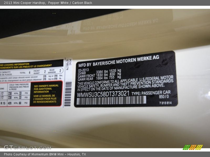 Pepper White / Carbon Black 2013 Mini Cooper Hardtop