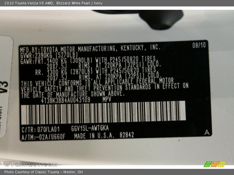 Blizzard White Pearl / Ivory 2010 Toyota Venza V6 AWD