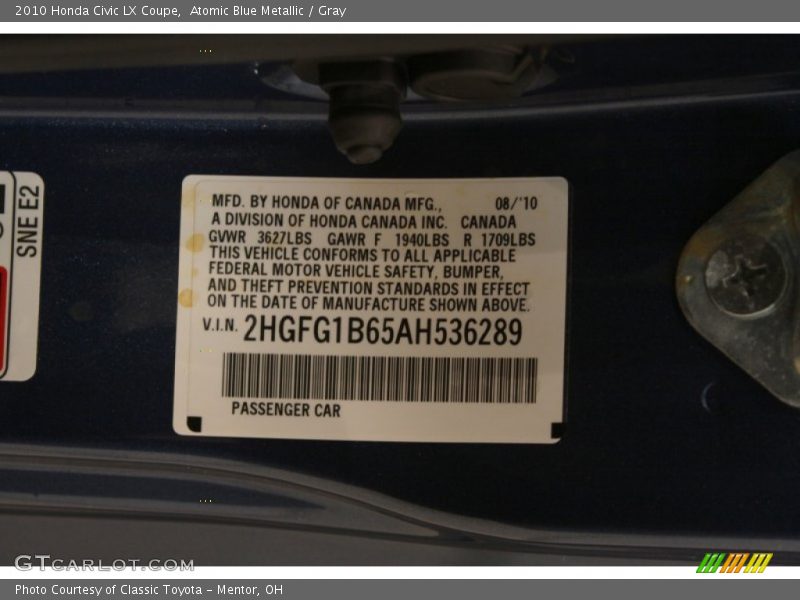 Atomic Blue Metallic / Gray 2010 Honda Civic LX Coupe