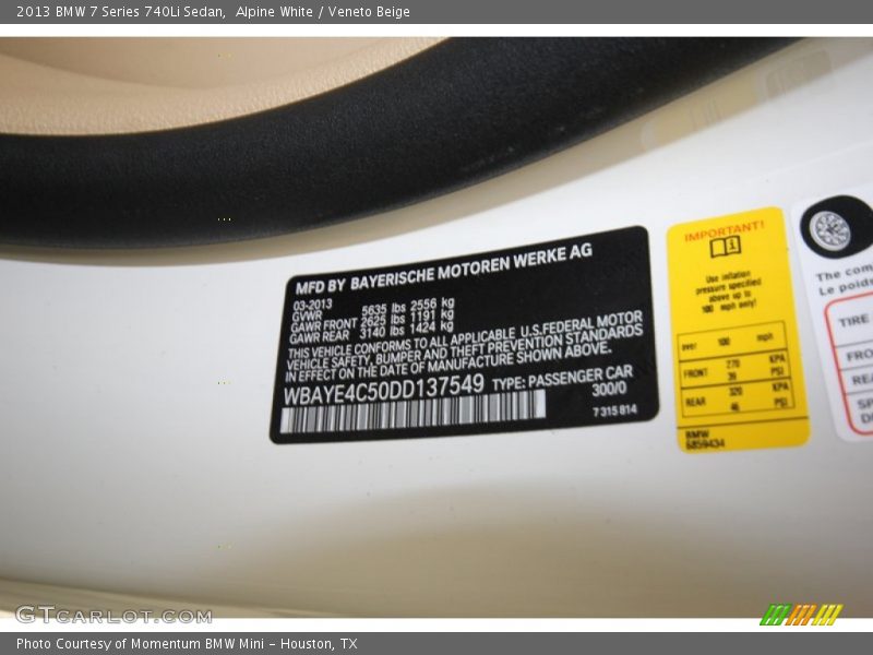 Alpine White / Veneto Beige 2013 BMW 7 Series 740Li Sedan