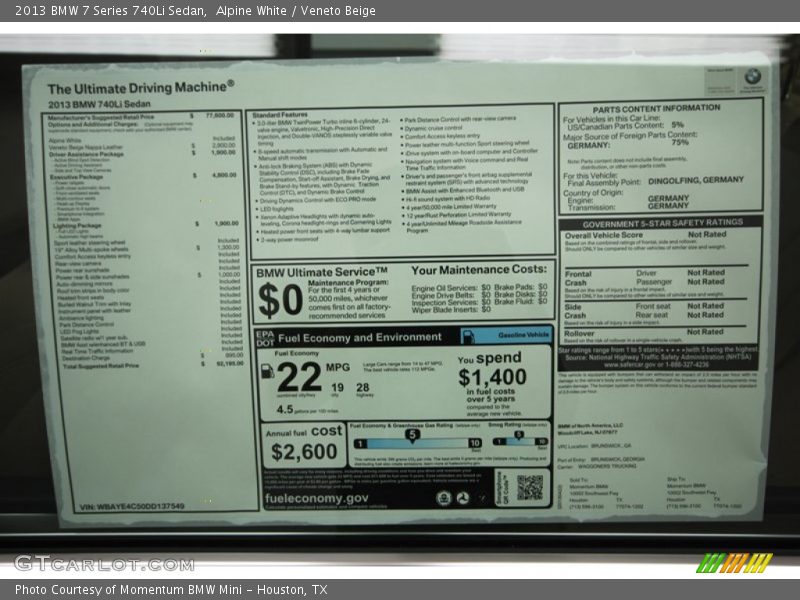 Alpine White / Veneto Beige 2013 BMW 7 Series 740Li Sedan