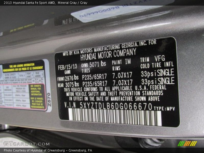 2013 Santa Fe Sport AWD Mineral Gray Color Code IM