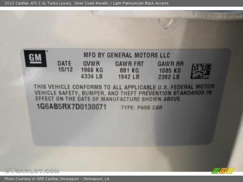 Silver Coast Metallic / Light Platinum/Jet Black Accents 2013 Cadillac ATS 2.0L Turbo Luxury