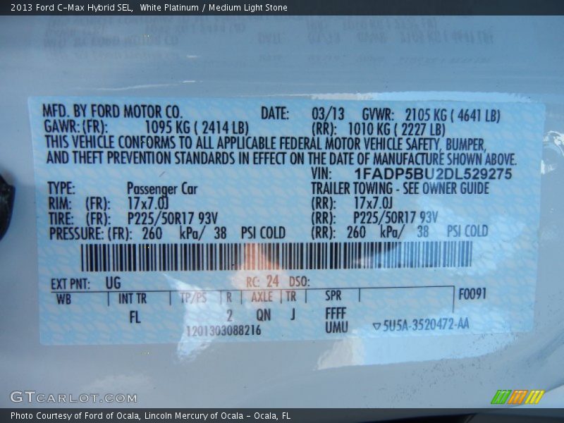2013 C-Max Hybrid SEL White Platinum Color Code UG