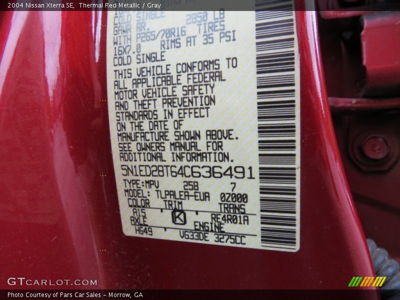 2004 Xterra SE Thermal Red Metallic Color Code A15