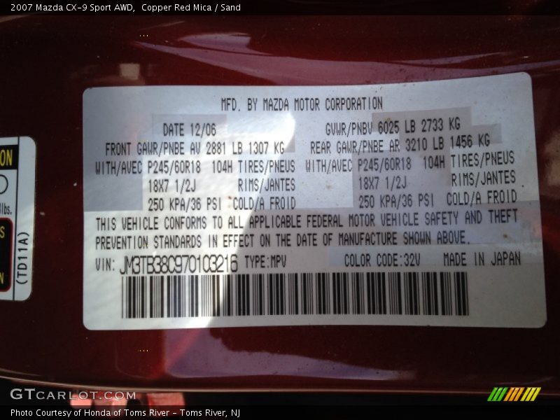 2007 CX-9 Sport AWD Copper Red Mica Color Code 32V