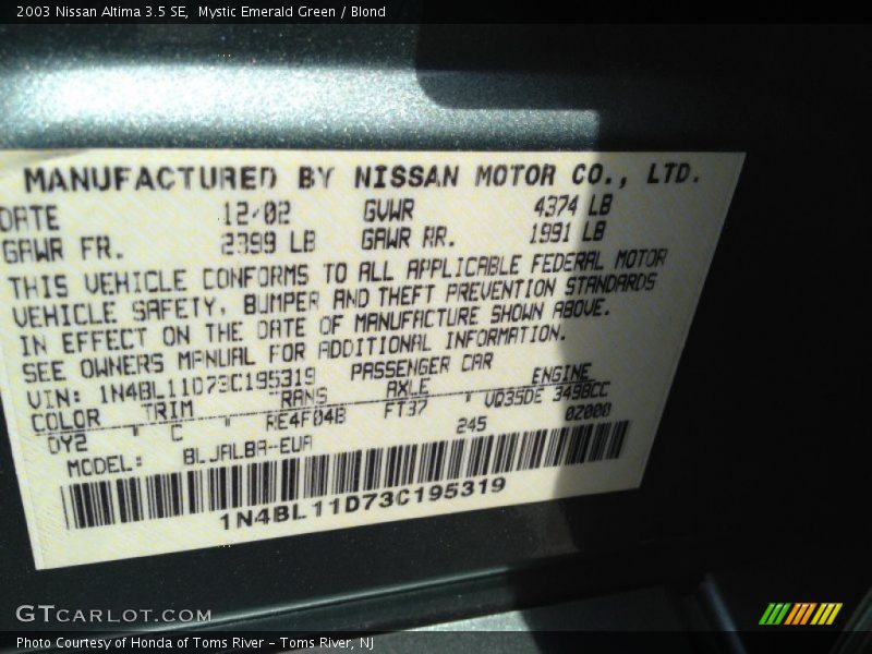 Mystic Emerald Green / Blond 2003 Nissan Altima 3.5 SE